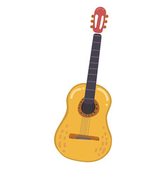 Naklejka premium Yellow acoustic, classical, guitar. Cute musical instrument. Vector illustration for congratulations, cards, design, music school.