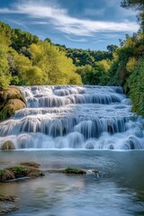 Fototapeta premium A tranquil mountain waterfall, surrounded by lush greenery, creating a picturesque scene for nature lovers and adventurers alike.