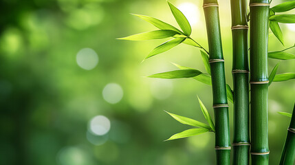 Artistic intertwining green bamboo stalks symbolize growth, harmony, and balance, their natural curves offering a sense of serenity, surrounded by a bright, modern-toned blurred background