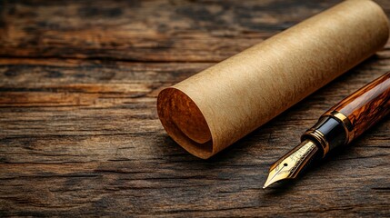 Elegant Certificate Roll and Fountain Pen on Rustic Wooden Desk Surface