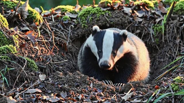  capturing a curious badger emerging cautiously from its burrow, its black-and-white striped face peeking out as it surveys the surroundings.