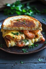 A delicious and savory grilled shrimp sandwich filled with melted cheese, served on a golden brown baguette.