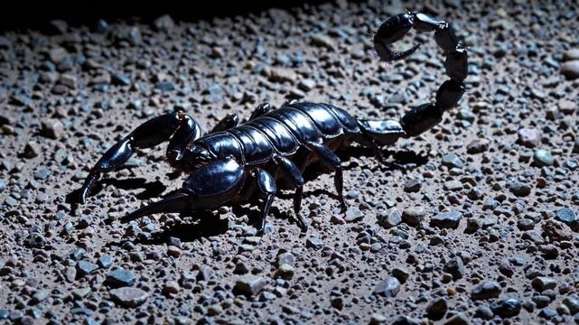 capturing a scorpion moving slowly and deliberately across the rocky desert floor under the cover of night.