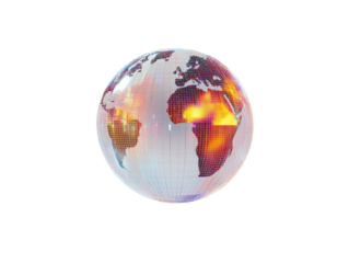 The image depicts a digital globe with a pixelated, glowing heatmap highlighting continents and representing global connectivity and technology.