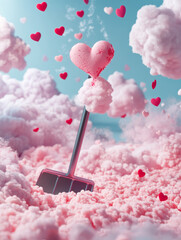 Floating heart atop a surreal fluffy landscape