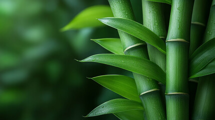 Artistic intertwining green bamboo stalks symbolize growth, harmony, and balance, their natural curves offering a sense of serenity, surrounded by a bright, modern-toned blurred background