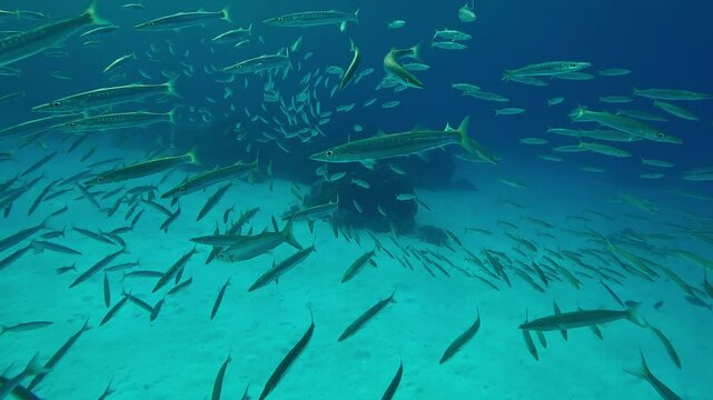 A disorderly school of Yellowtail Barracuda, Sphyraena flavicauda swimming in the blue water in the evening light, Yellowspotted Trevally, Carangoides fulvoguttatus stalking them in the background