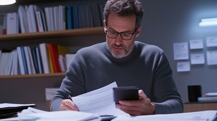Late Night Calculations: A focused man, wearing glasses, meticulously reviews paperwork while holding a calculator, bathed in the warm glow of a desk lamp.