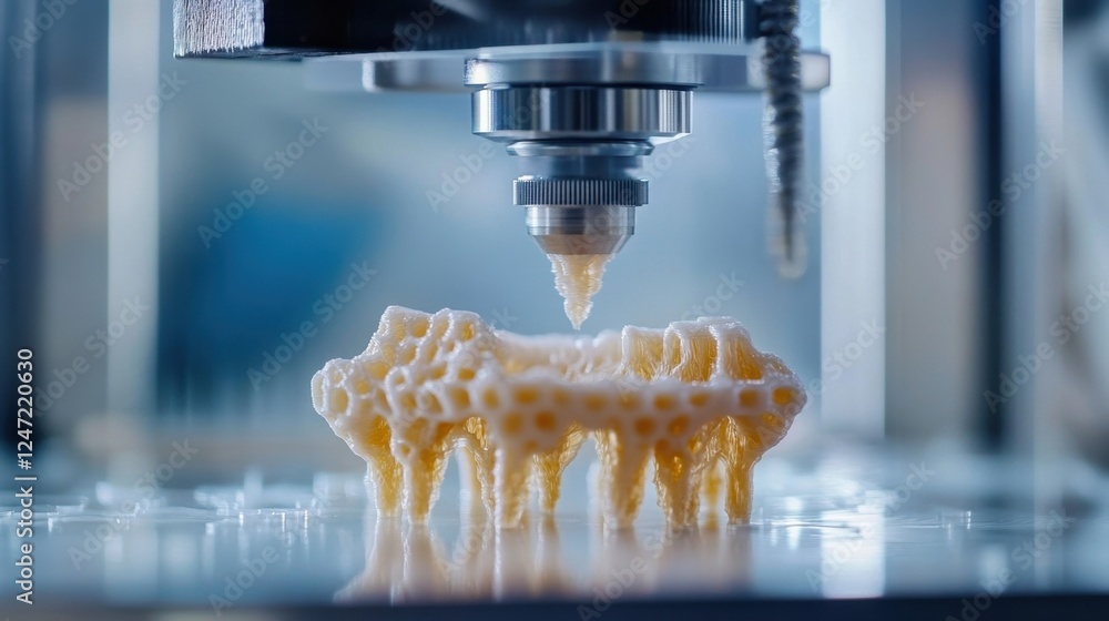 Poster close up of a 3d printer creating a complex structure with intricate details, showcasing the precisi