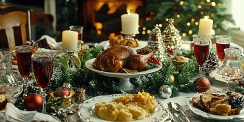 A festive Christmas meal with various foods, candles lit on the table.