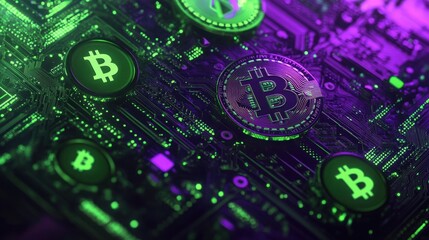 Exploring the vibrant digital landscape of cryptocurrency through neon Bitcoin symbols and intricate circuit patterns