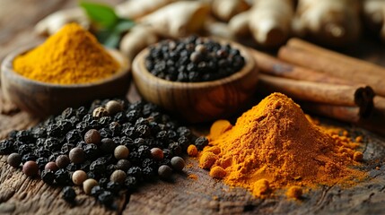 Detailed close-up of spices such as black peppercorns, turmeric roots, and cinnamon sticks on a weathered wooden surface, with warm lighting enhancing their textures