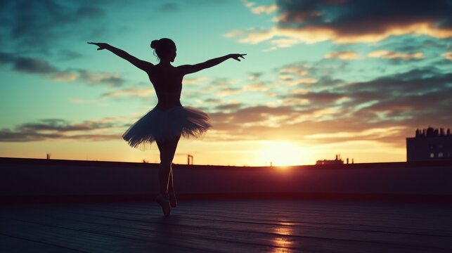 Sunset ballet performance on a rooftop with a graceful dancer silhouetted against vibrant colors - Powered by Adobe