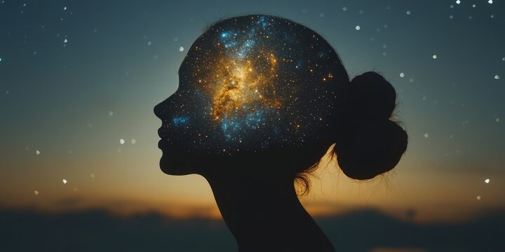 The human mind set against the backdrop of a starry galaxy, symbolizing vastness and creativity.