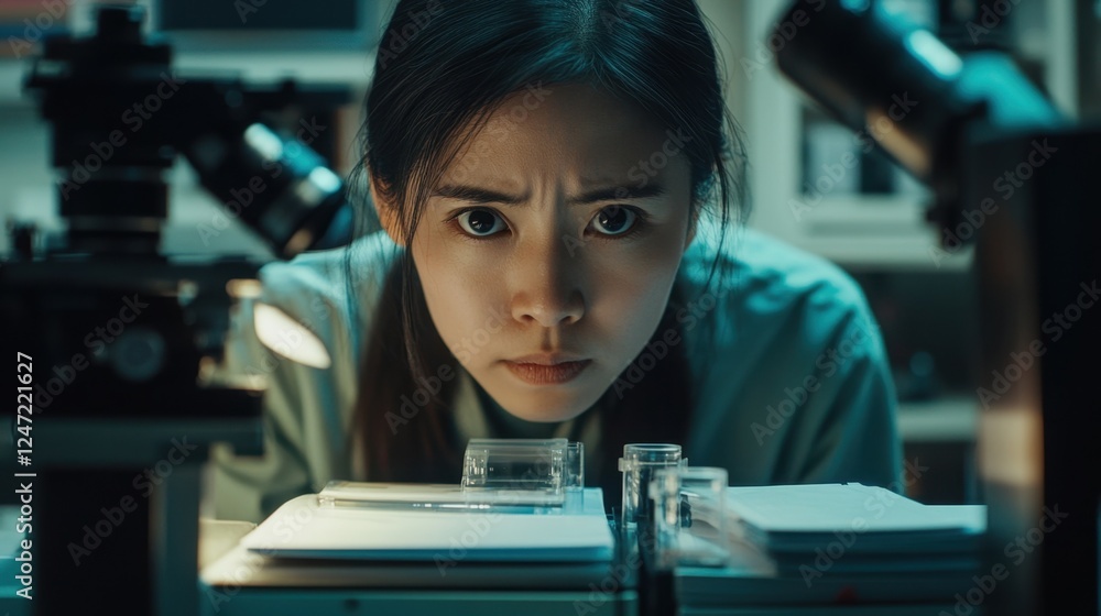Poster focused scientist examines samples using a microscope in a laboratory setting, demonstrating dedicat
