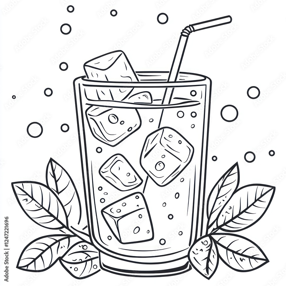 Poster Refreshing iced drink with straw on foliage background. Education usage possible