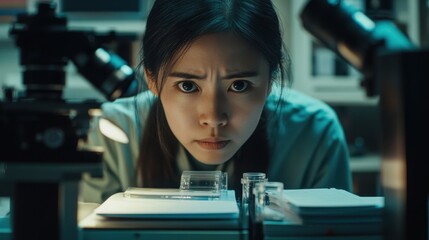 Focused scientist examines samples using a microscope in a laboratory setting, demonstrating dedication and precision in scientific research and experimentation