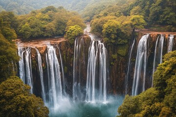 A serene waterfall surrounded by lush green forest, a popular tourist destination offering hiking and natural wonders.