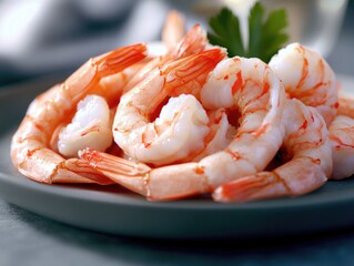 A delicious serving of cooked shrimp presented on a plate, ready to be enjoyed. High in protein and full of flavor.