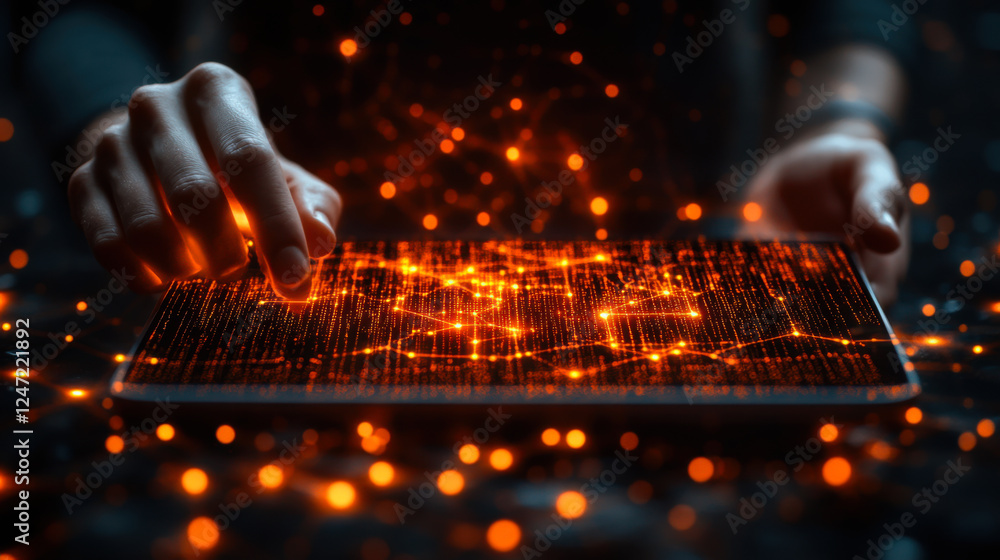 Poster hands interacting with a tablet displaying glowing data visualization in a darkened environment at n