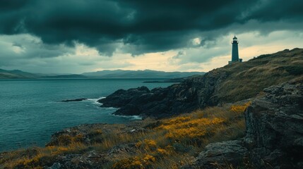 Lighthouse stands proudly against a stormy sky, overlooking rugged cliffs and a tranquil sea at dusk
