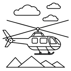 Fototapeta premium Black and white line art of a helicopter over mountains. color page for kids