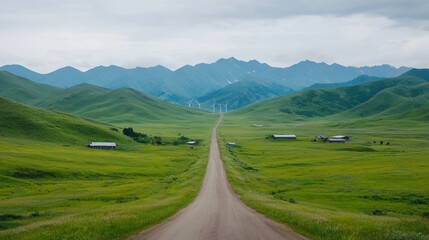 Fototapeta premium Engineers Installing Wind Turbines in a Serene Landscape with Green Fields and Mountains