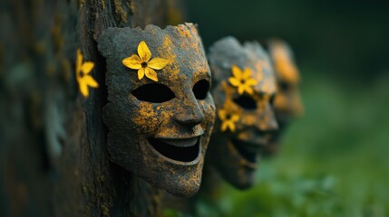 Vibrant masks adorned with yellow flowers showcase joy and creativity in a natural setting