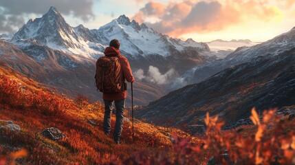 Exploring breathtaking mountain landscapes at dusk with vibrant autumn foliage and distant snow-capped peaks in serene wilderness