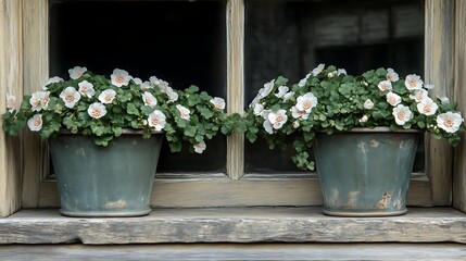 Two potted white flowers sit on a windowsill