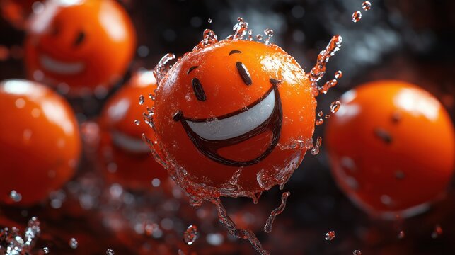 Colorful smiling balls splashing water outdoors during a sunny day create a joyful atmosphere and vibrant energy