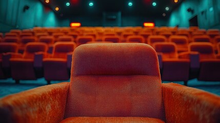 Fototapeta premium Empty cinema seat, rows, lights, screen, movie night
