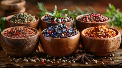 Collection of whole spices including star anise, red chili flakes, and black peppercorns displayed in wooden bowls and scattered on a vintage wooden surface, with warm lighting enhancing their details