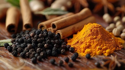 High-resolution image of various spices including black peppercorns, cinnamon sticks, and turmeric roots scattered on a vintage wooden surface, with warm light bringing out their natural textures
