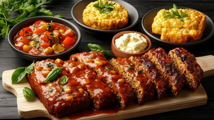 Meatloaf cooking traditional concept. A delicious spread featuring sliced meatloaf with a savory glaze, accompanied by sides of colorful vegetable stew and creamy dips.