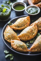 A plate of samosas ready to be served with various sauces for dipping.