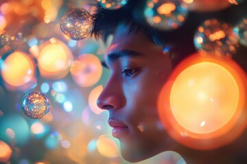 Naklejka premium A man's face is surrounded by a blurry, colorful background. The man's face is the main focus of the image, and the background is a mix of different colors and shapes. Scene is dreamy and surreal