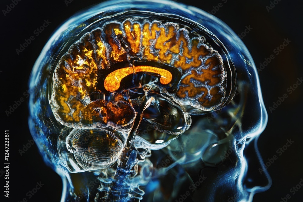 Poster visualization of human brain's neural connections and structures illuminated in vibrant colors