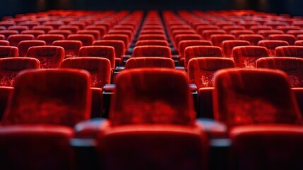 Obraz premium Empty red cinema seats, rows converging, dark theater, movie premiere