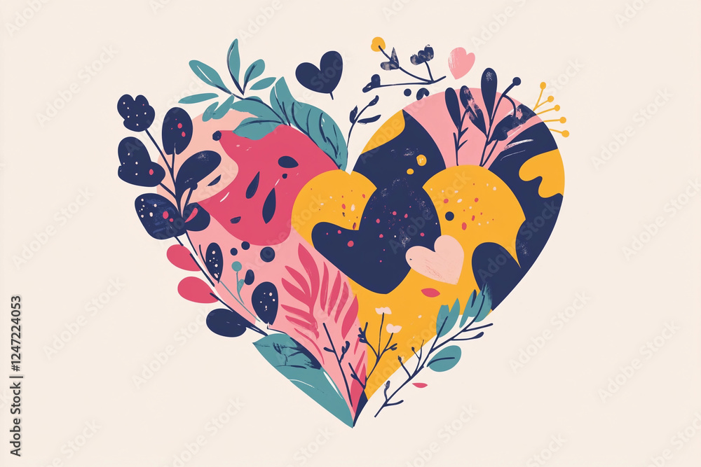 Poster stylish vector illustration of a heart filled with colorful floral and botanical elements on a minim