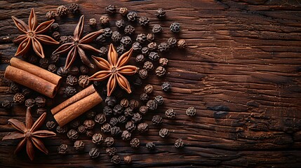 High-resolution image of star anise, cloves, and black peppercorns arranged on a weathered wooden surface, with soft, warm lighting highlighting their intricate details and rich textures