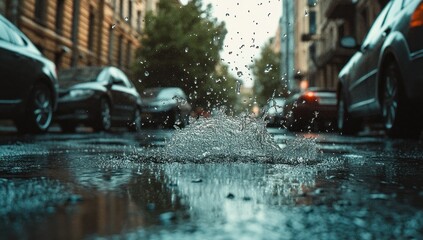 Raindrops Splashing on City Street Puddle