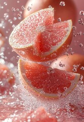Fototapeta premium Vibrant Sliced Grapefruit with Water Splashing on a Pink Background
