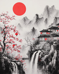 serene landscape featuring mountains, waterfalls, and traditional architecture, adorned with cherry blossoms and red lanterns, creating tranquil atmosphere