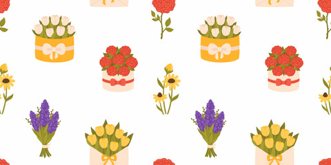 Seamless pattern with the image of spring flowers. Bouquets of roses, tulips, lilacs, lavender. Flat vector illustration.