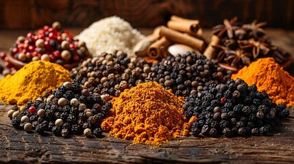 A variety of spices including black peppercorns, cloves, and turmeric roots artfully arranged on a weathered wooden surface, with warm, inviting lighting enhancing their details