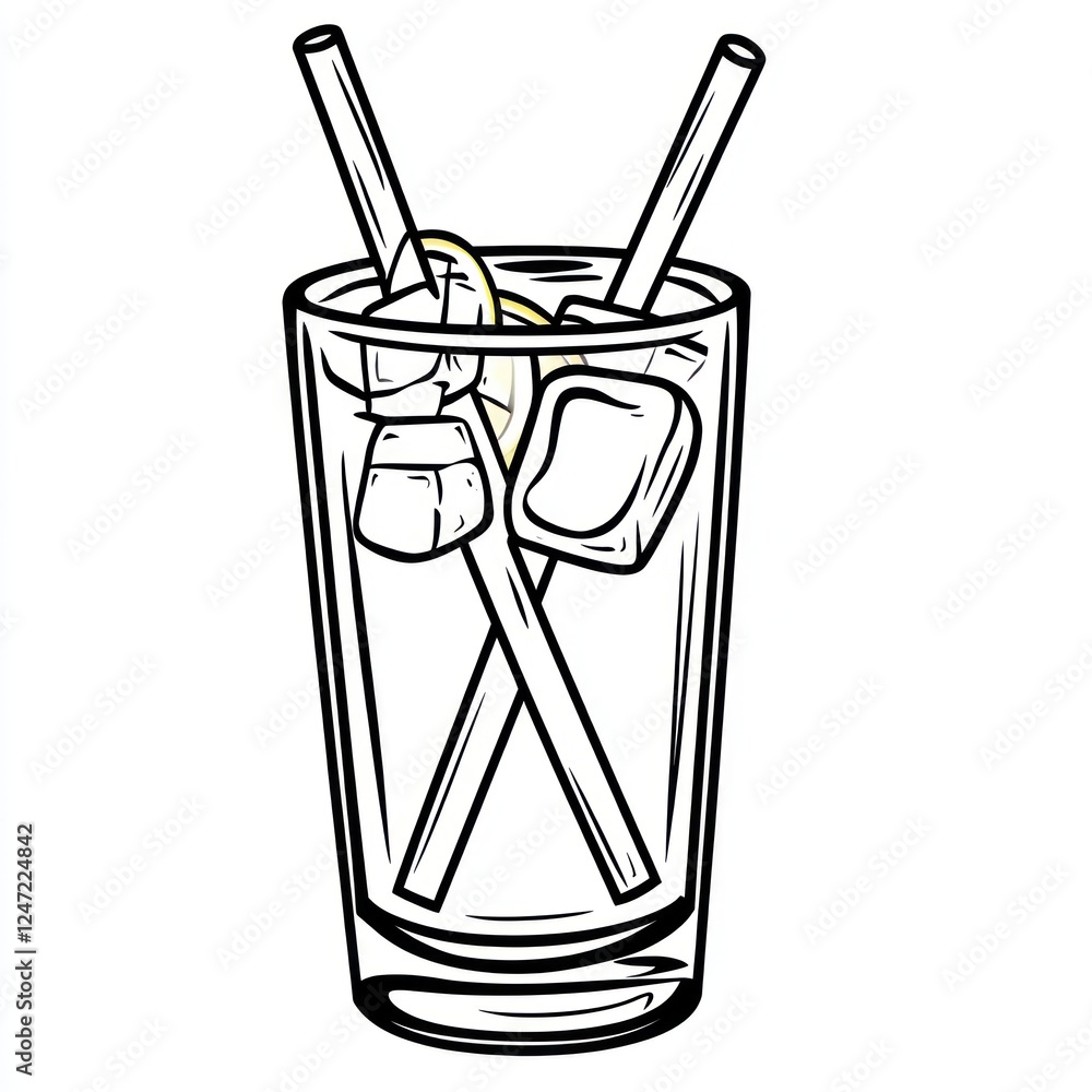 Poster sketch of cold drink with ice cubes and straws. isolated and used for menu design