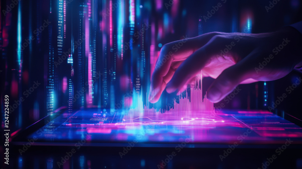 Poster innovative technology concept with hand interacting with digital interface and colorful data visuali