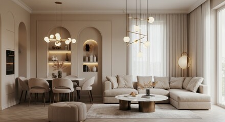 A modern living and dining room with a luxurious aesthetic