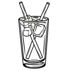 Sketch of cold drink with ice cubes and straws. Isolated and used for menu design